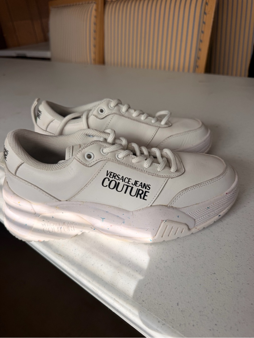 Versace Jeans Collection White Kids Chunky Lace-Up Sneakers with Subtle Speckle